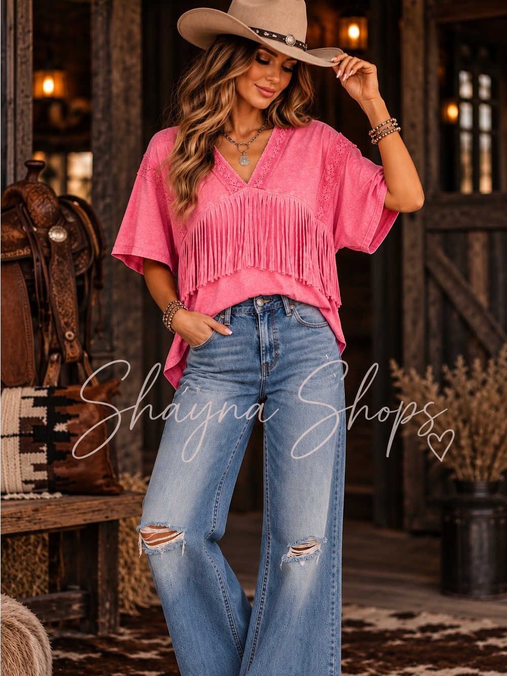 Blue Velvet Pink Fringe V-Neck Top